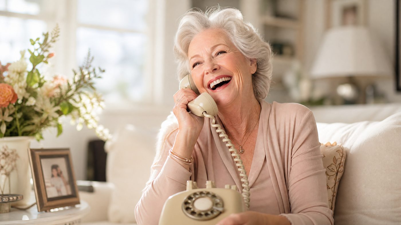 Older woman laughing warmly while chatting on the phone at home